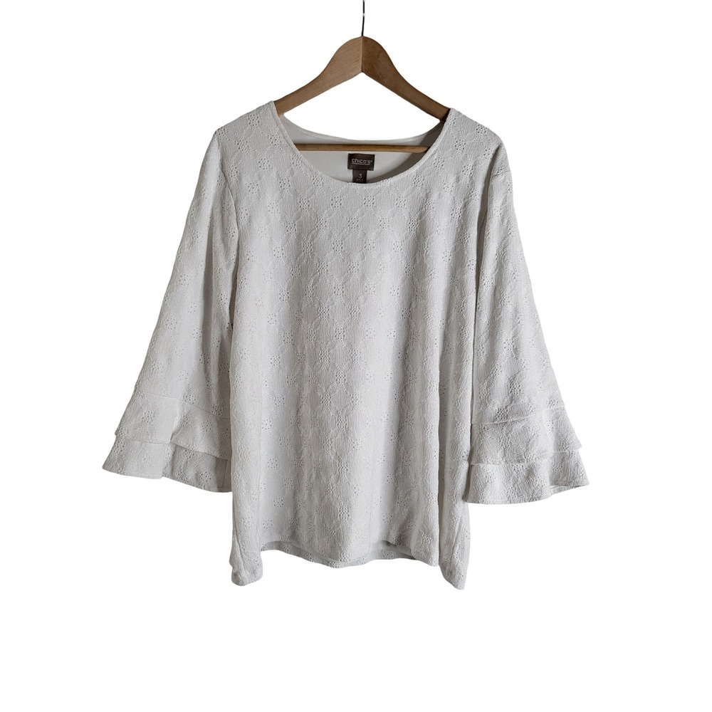Chicos White Eyelet Lace Ruffle Bell Sleeve Blouse Sz 3 L XL
Romantic Whimsical
